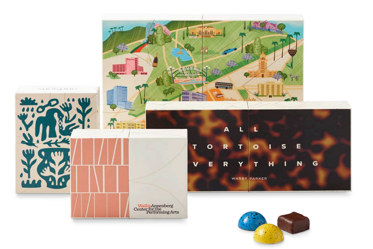 Custom-printed andSons boxes for Warby Parker, Wallis Annenberg Center, and a Beverly Hills map edition